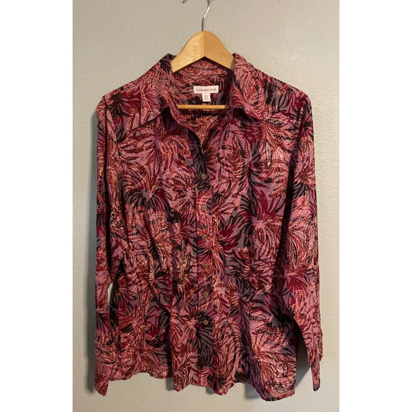 Coldwater Creek Womens Top 1X Red Floral Lightweight Button Up Long Sleeve Artsy - Picture 1 of 8
